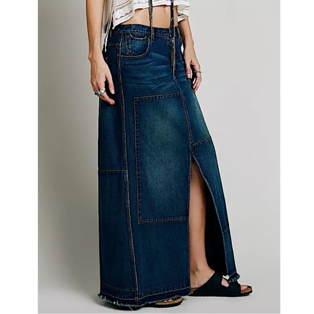 Free People Leanne Patchwork Denim Maxi Skirt Size 28 - Picture 2 of 16